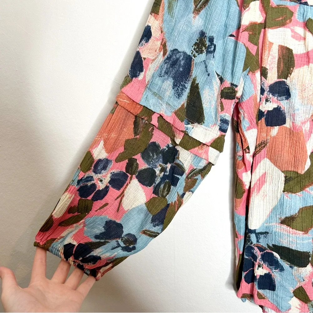 Zac‎ & Rachel Colorful Watercolor Floral Print Square Neck Peasant Blouse Medium